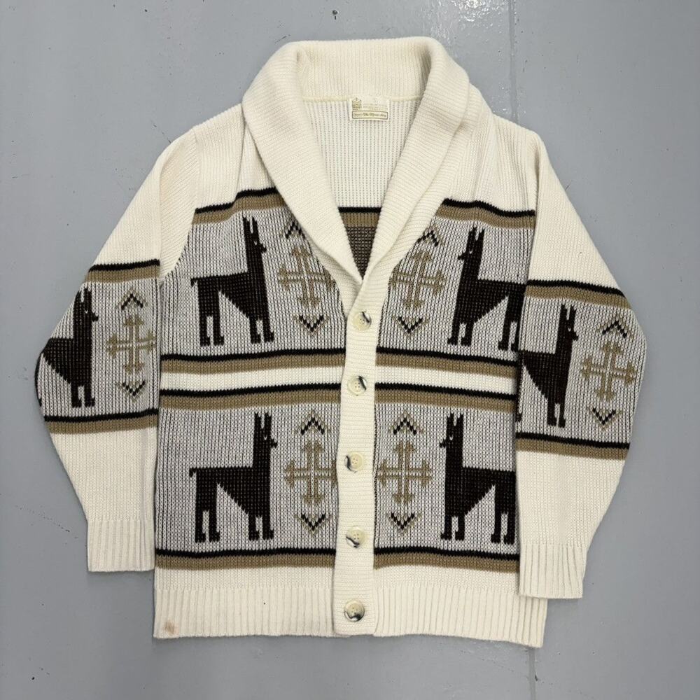 Vintage 70s Sears Cream Aztec Knit Shawl Collar Cardigan